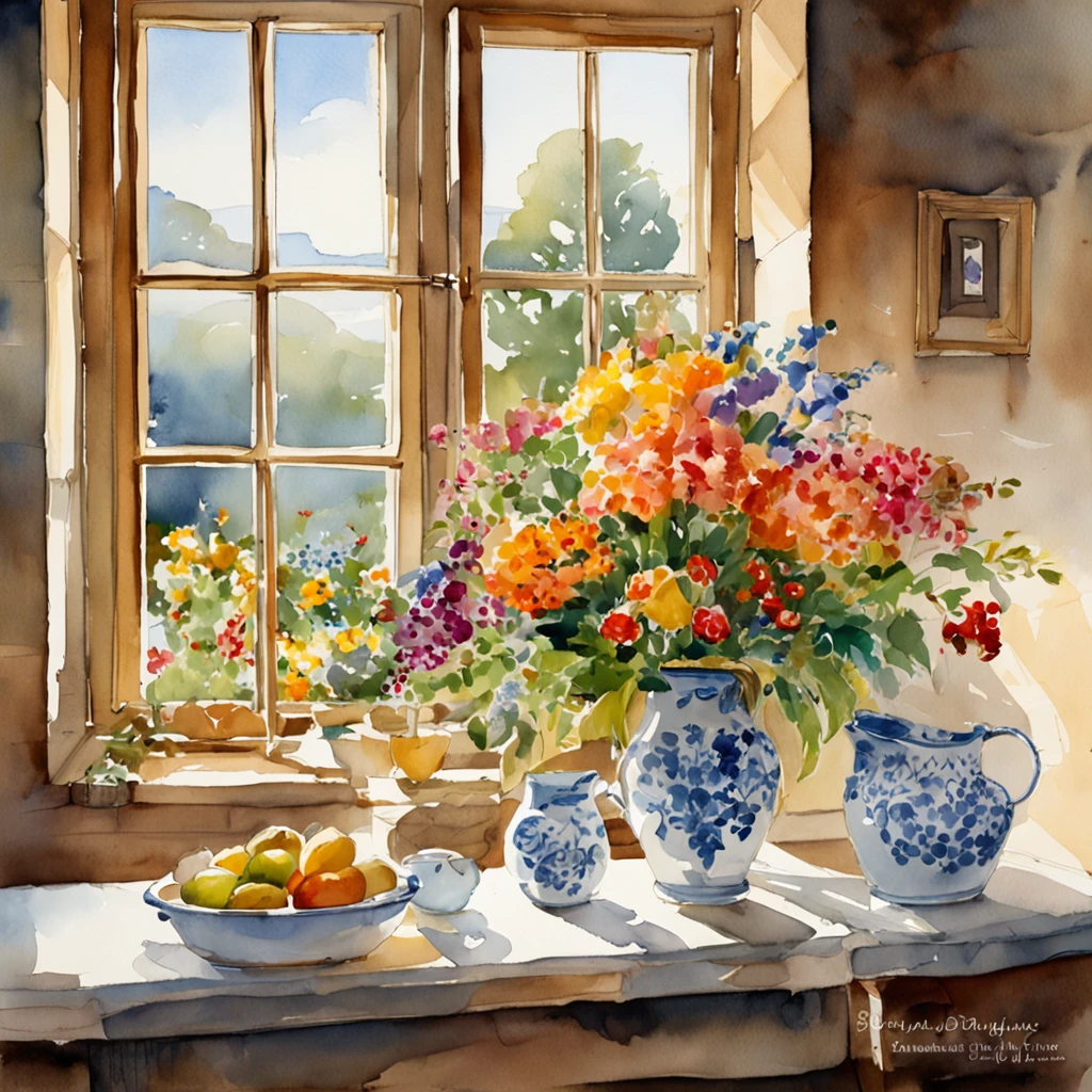 a close up of a table with a vase of flowers on it, delightful surroundings, with a french garden, house kitchen on a sunny day, french village interior, by Bernard D’Andrea, bright window lit kitchen, architectural digest, homes and garden magazine, homes and gardens, architectural digest photo, summer morning light, with flowers and plants, vignettedigital sketch, Drip paint. Perfect color grading. Influence of Karel Appel and Jeremy Mann, Lots of dramatic and threatening scenes, ultra-detailliert, Beautiful, insanely detaileda, Intricate details, Editorial Photography, Shot with a 50mm lens, depth of fields, Tilt Blur, Shutter Speed 1/1000, F/22. Lightmaps, Super bright