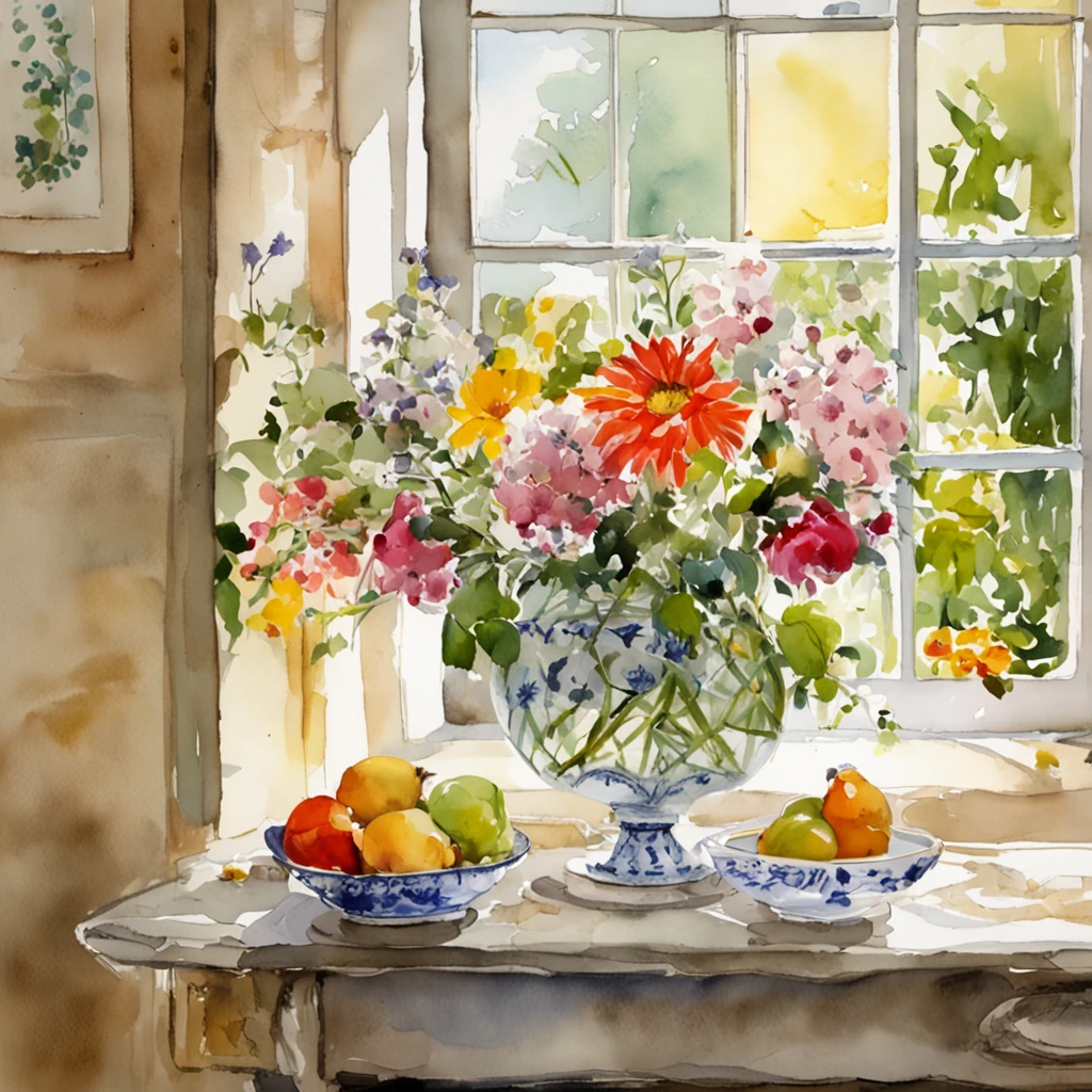 a close up of a table with a vase of flowers on it, delightful surroundings, with a french garden, house kitchen on a sunny day, french village interior, by Bernard D’Andrea, bright window lit kitchen, architectural digest, homes and garden magazine, homes and gardens, architectural digest photo, summer morning light, with flowers and plants, vignettedigital sketch, Drip paint. Perfect color grading. Influence of Karel Appel and Jeremy Mann, Lots of dramatic and threatening scenes, ultra-detailliert, Beautiful, insanely detaileda, Intricate details, Editorial Photography, Shot with a 50mm lens, depth of fields, Tilt Blur, Shutter Speed 1/1000, F/22. Lightmaps, Super bright