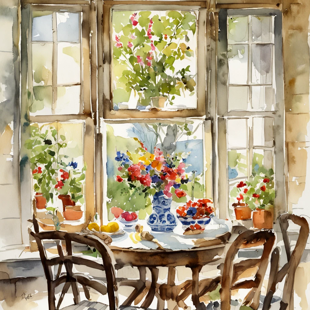 a close up of a table with a vase of flowers on it, delightful surroundings, with a french garden, house kitchen on a sunny day, french village interior, by Bernard D’Andrea, bright window lit kitchen, architectural digest, homes and garden magazine, homes and gardens, architectural digest photo, summer morning light, with flowers and plants, vignettedigital sketch, Drip paint. Perfect color grading. Influence of Karel Appel and Jeremy Mann, Lots of dramatic and threatening scenes, ultra-detailliert, Beautiful, insanely detaileda, Intricate details, Editorial Photography, Shot with a 50mm lens, depth of fields, Tilt Blur, Shutter Speed 1/1000, F/22. Lightmaps, Super bright