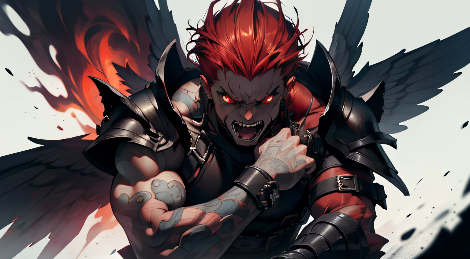 (extremely detailed 8k wallpaper) masculine man, fallen angel, black wings, torn wings, red eyes, deadly stare, sharp fangs, bloody hands, unique pose, screaming, black gold armor, full of rage, chaos, red hair, dark eyebags, skinny but muscular, has a gloomy aura, his figure transmits rage and revenge, dramatic, flat background color, riot games style, high detail, sharp focus