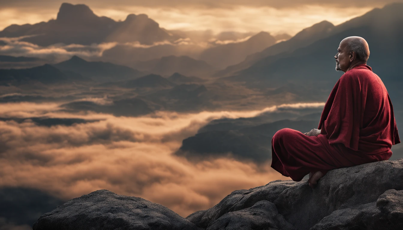 Mature monk sitting in meditation position, contemplando um horizonte lindo com o sol se pondo, Man is in deep connection with the divine, The landscape is ultra detailed, homem ultra realista, tudo bem detalhado e lindo, ultra qualidade. Realismo 8K