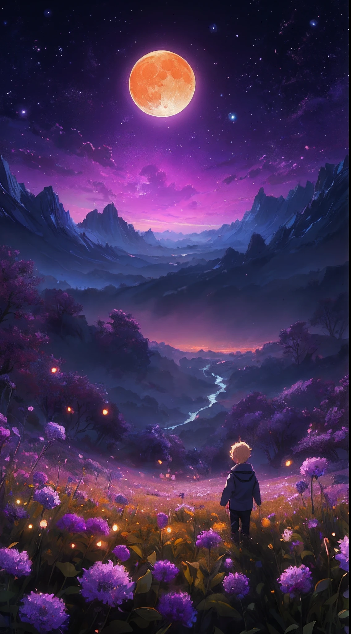 a painting of a little blonde boy standing in a field of flowers looking at the moon, anime art wallpaper 8 k, magical landscape, beautiful art uhd 4 k, 4k highly detailed digital art, anime art wallpaper 4 k, anime art wallpaper 4k, 4k anime wallpaper, anime fantasy artwork, anime landscape wallpaper, 8k stunning artwork, 4k detailed digital art
