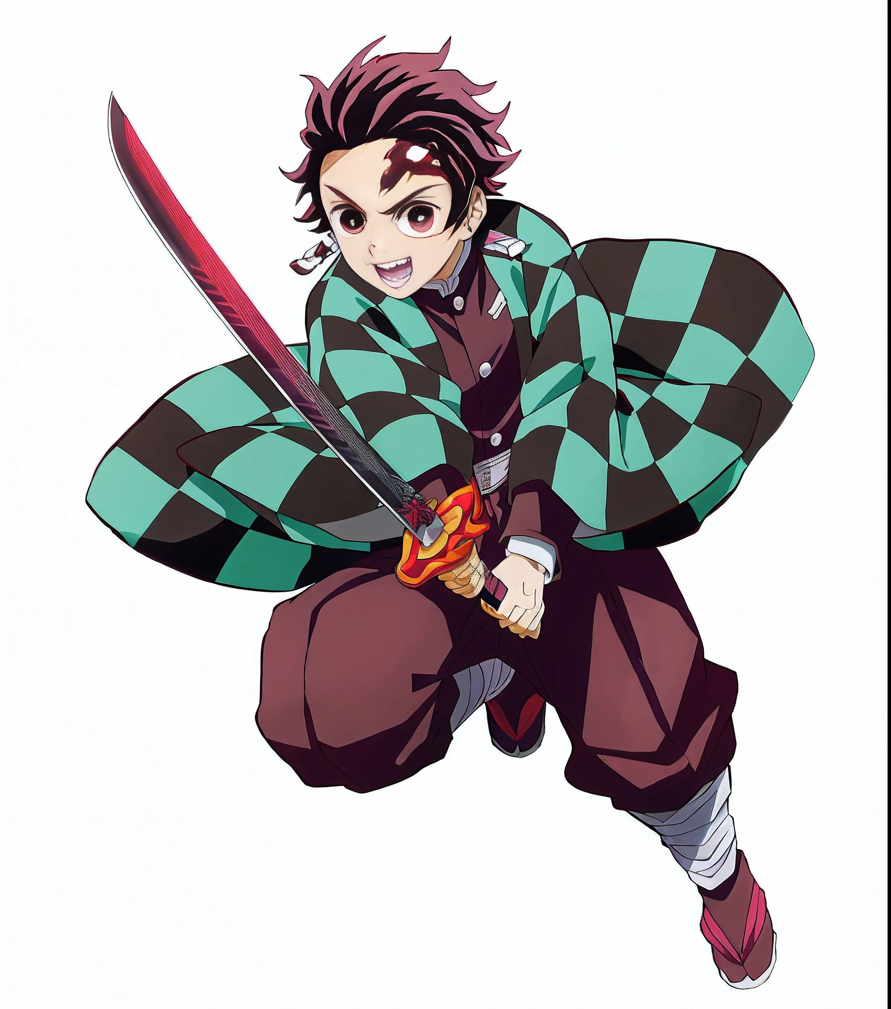 Anime characters with sword and checkered coat holding sword, Tanjiro Kamado, handsome guy in demon killer art, demon slayer artstyle, Kimetsu no yaiba, demon slayer rui fanart, shikanosuke yagaki, Mai Yoneyama, offcial art, akiyuki shinbo, official character art, Kentaro Miura!