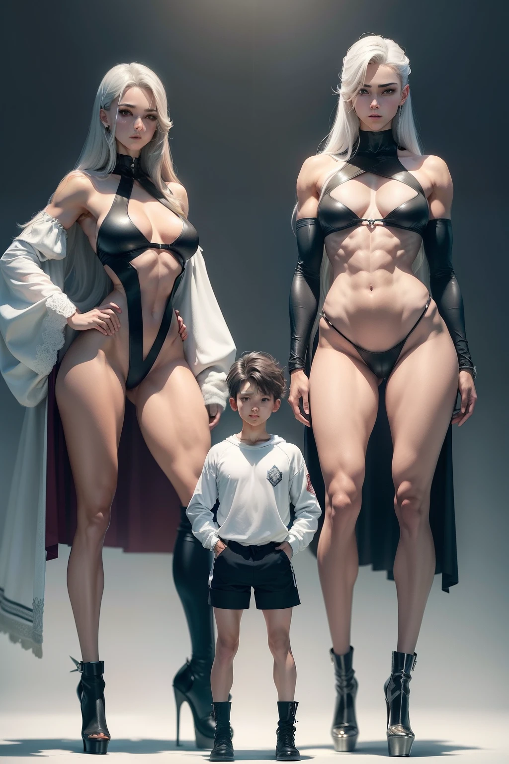 One is very beautiful,The body is strong and muscular is extremely developed,The beautiful muscular girl of androgynous hermaphrodites,silber hair,The chest and buttocks are abnormally large and hypertrophied(boobgasm:230cm,Hips 124cm),Extra-tall platform heeled booties,The leg muscles are super developed(Height 7 feet,A 155cm Shota stands on the ground as a height comparison)