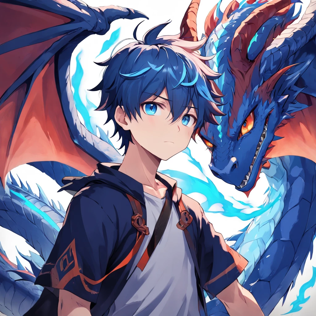 cute, kawaii, blue eyes, red hair, boy, 1boy, one boy, teenager, teen, boy dragon, dragon wings, dragon horns, blue fire, blue flame