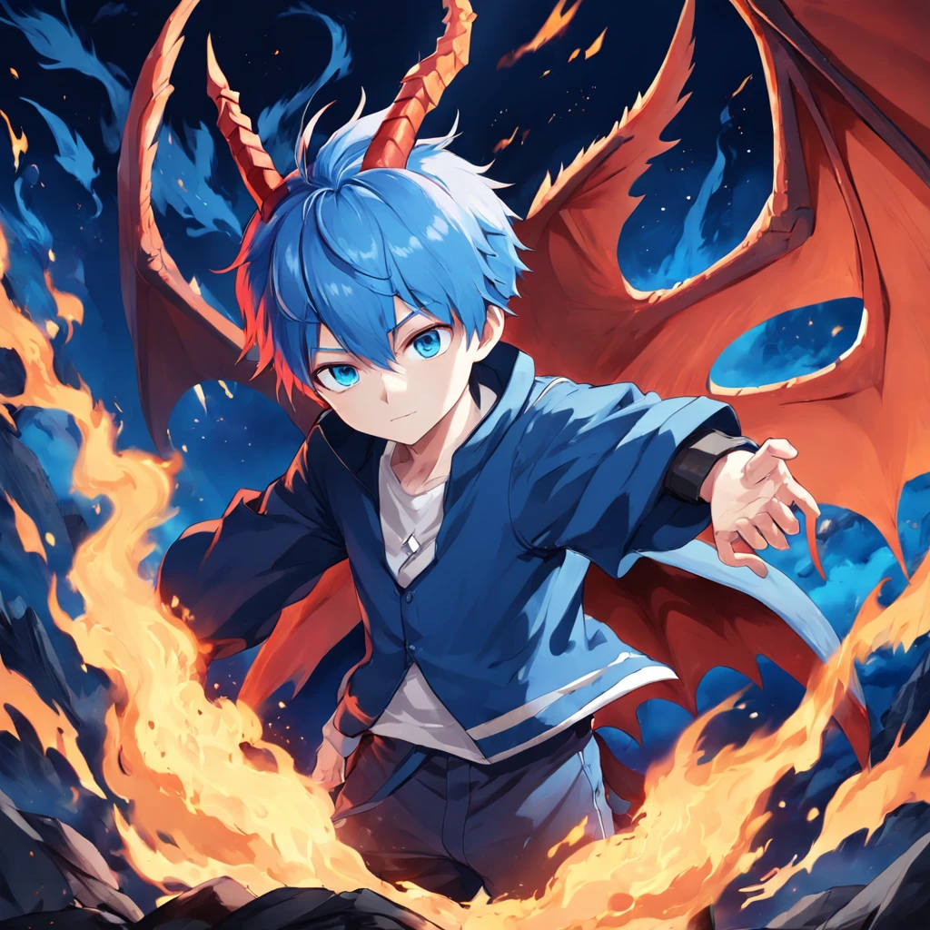 cute, kawaii, blue eyes, red hair, boy, 1boy, one boy, ager, teeny dragon, dragon wings, dragon horns, blue fire, blue flame