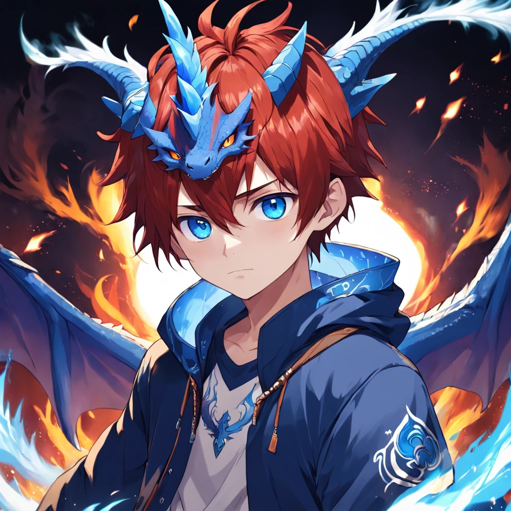 cute, kawaii, blue eyes, red hair, boy, 1boy, one boy, teenager, teen, boy dragon, dragon wings, dragon horns, blue fire, blue flame