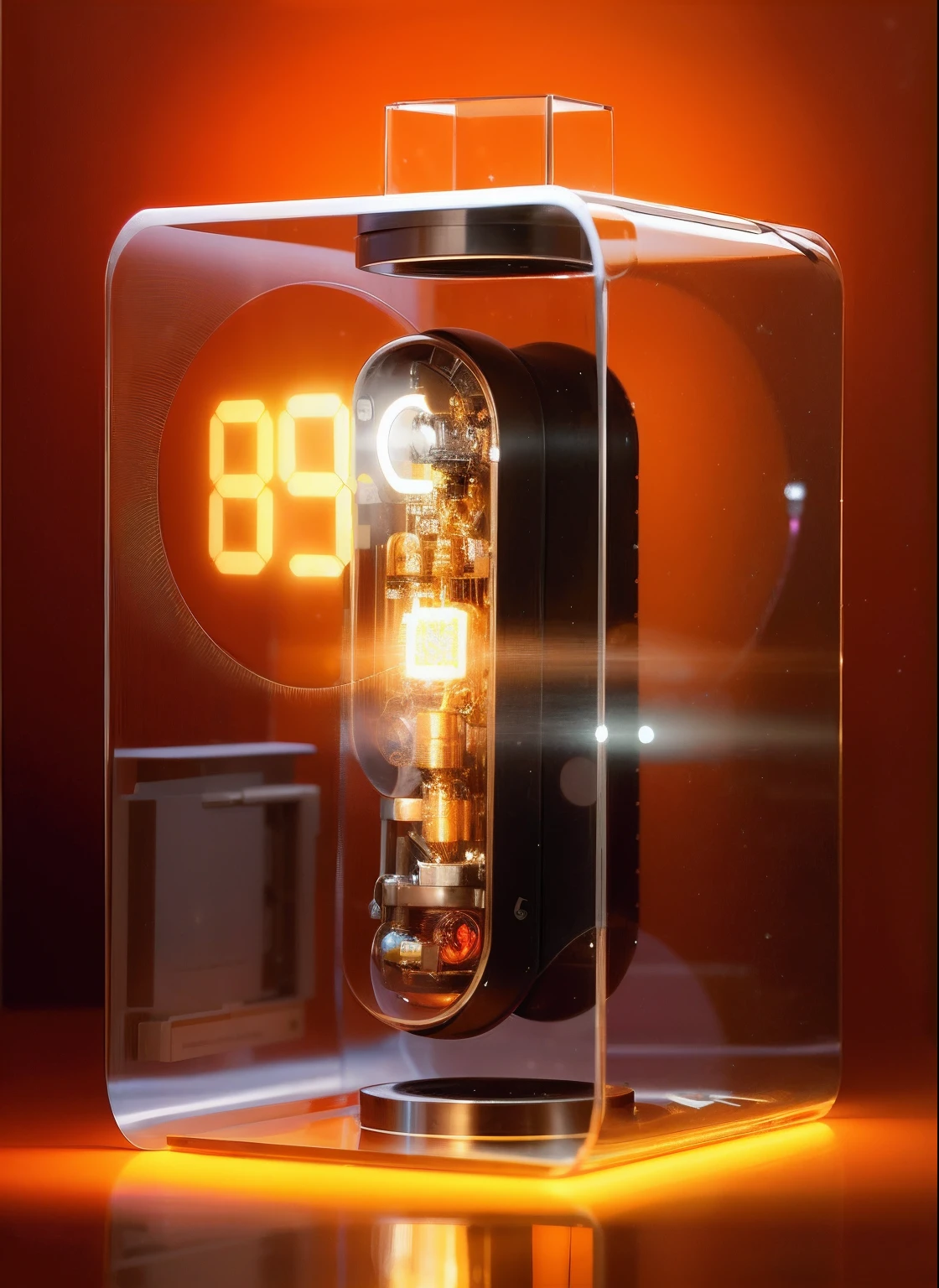 There is a clock in the glass box, cool temperature, SleekDesign, nixie tube, electronics see through, Cool white color temperature, futuristic product design, 1 0 8 0 p, 1080p, - h 8 5 0 - w 6 0 0, LED display, body full glowing vacuum tubes, translucent microchip ornate, bottom angles，OC renderer，high - tech，High-tech of the future，Hyper-realistic rendering，Orange background，Extremely cool