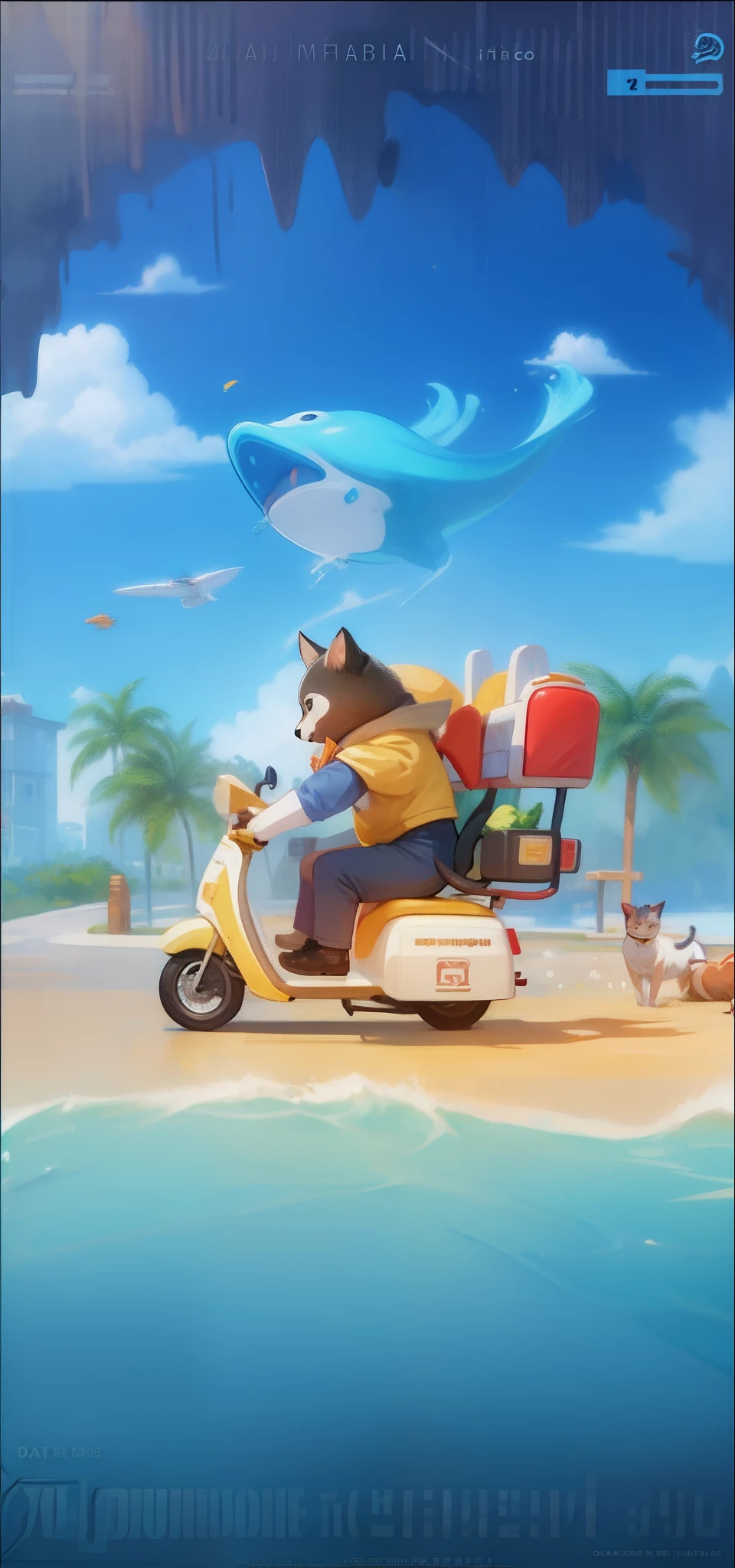 Cartoon illustration of a cat riding a scooter，Carrying a dog on his back, Mobile game art, Fat cat, Stylized digital illustration, Mobile game background, official screenshot, 8 K cartoon illustration, fat cat superhero, pc screenshot, Epic smooth illustrations, Official artwork, loading screen, Game illustration, Official illustration, Official concept art, splash screen art, author：Qu Leilei
