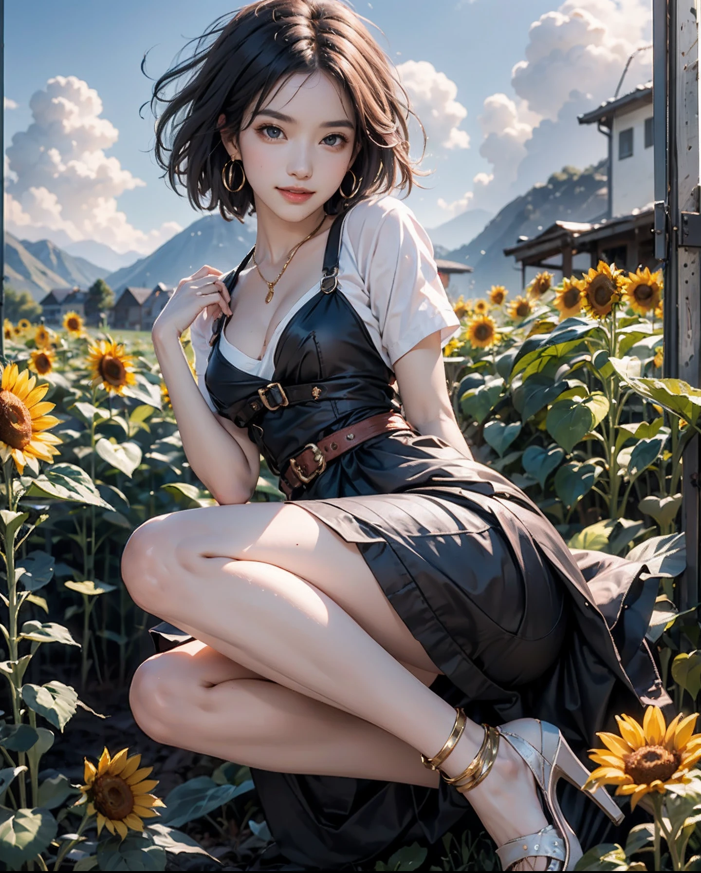 top-quality、​masterpiece、超A high resolution、(Photorealsitic:1.4)、Raw foto、(Authentic skin texture:1.3)、(film grains:1.3)、the panorama、Character Portrait、Very Wide Shot、narrow waists、bokeh effects、A smile、1girl in、beautiful detailed eyes and face、Brown-eyed、blue-sky、The background is a sunflower field、Sunflower earrings、Sunflower dress、Eyes are on the viewer、Looking at the camera、Shy laughter、A smile、Kiss Face、Angle from above the knee、Breasts are small and B size、A slender、Cleavage is visible。Paws are thin and beautiful,the skin is white and transparent,Hair is short and short cut、Gradient Color、high-heels、Gold Anklet、