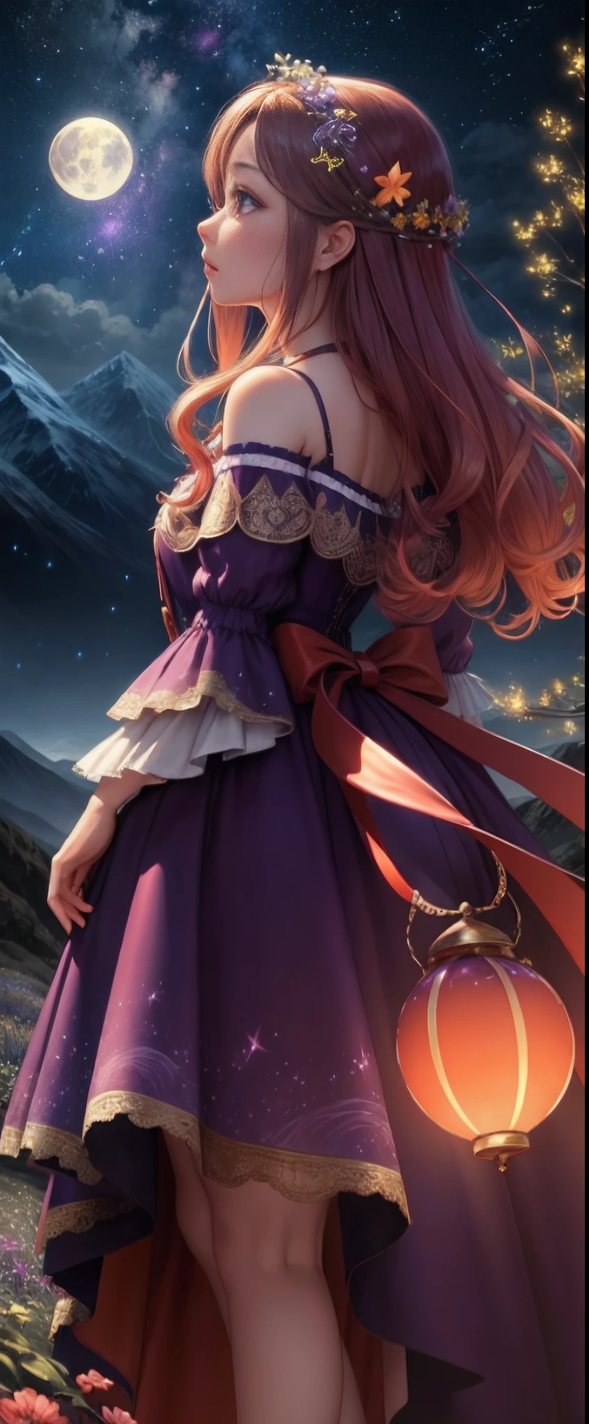 Vast landscape photos、Realistic、Magic City、(View from below with a view of the sky and the wilderness below)、Girl standing in a flower field and looking up、(fullmoon:1.2)、(shooting stars:0.9)、(nebulas:1.3)、mountain in the distance、Tree Break Production Art、(Warm color light source:1.2)、(fireflys:1.2)、abajour、Purple and orange、intricate detailes、Volume Lighting BREAK (masterpiece:1.2)、(top-quality)、4K、ultra-detailliert、(The composition of the movement:1.4)、Highly detailed and colorful details(Irridescent color:1.2)、(Glowing lighting、Atmospheric illumination)、dream-like、Magical、(独奏:1.2)