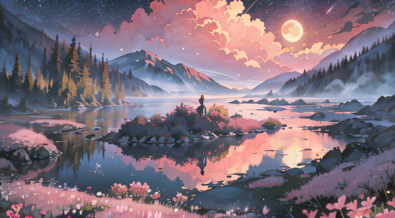 No Man,Distance,The mountains are shrouded in mist,high saturated,style of anime,high detal,anime big breast,blurryforeground,vanishing point,kanon,ultra-wide-angle,UHD,8k,A high resolution,high qulity,tmasterpiece ,Pink moon,Pink starry sky,Soft pink clouds,pink ocean waves sparkling,Sparkling,Pink flowers on a pink ocean --auto --s2