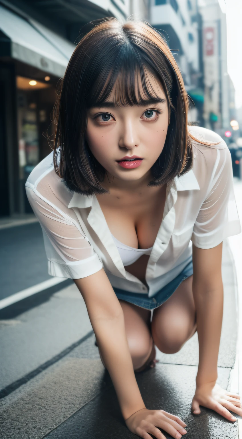 ⦅Open cleavage⦆、(in 8K、RAW Photos、top-quality、masterpiece:1.2)、(realisitic、Photorealsitic:1.37)、physically-based renderingt、女の子1人、japanes、femele、during daytime、Sateen、A city scape、Street、natural soft light、photon maping、Radio City、dark brown hair、full body Esbian、详细的脸、Detailed lips、detailedeyes、More skin、二重まぶた、Front view、(huge-breasted:1.5)、(Nipple protrusions:1.3)、(Very thin shirt, Wet shirt、open-shirt)、panthyhose、(Clothes see-through)、no-bra、No panties、Sense of transparency、a miniskirt、(cammel toe)、perfectbody、((Wet with rain、Wet with rain、Wet body : 1.2))、shinny skin、crouching down、((open one's legs))、sexypose、sexy facial expression、Make eye contact with the camera、(masterpiece、top-quality) 、For clear images、absolutely outstanding image, very extremely beautiful、masterpiece, top-quality,a picture, kawaii、(Colossal tits:1.2)、((20 year old woman:1.2))、(The skin is reddened:1.3)、Young adorable Japan face, dewy skin, close up of face,Soft portrait shots,in 8K