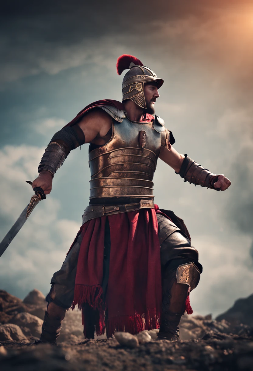 roman warrior, fighting stance, epic, sword in hand