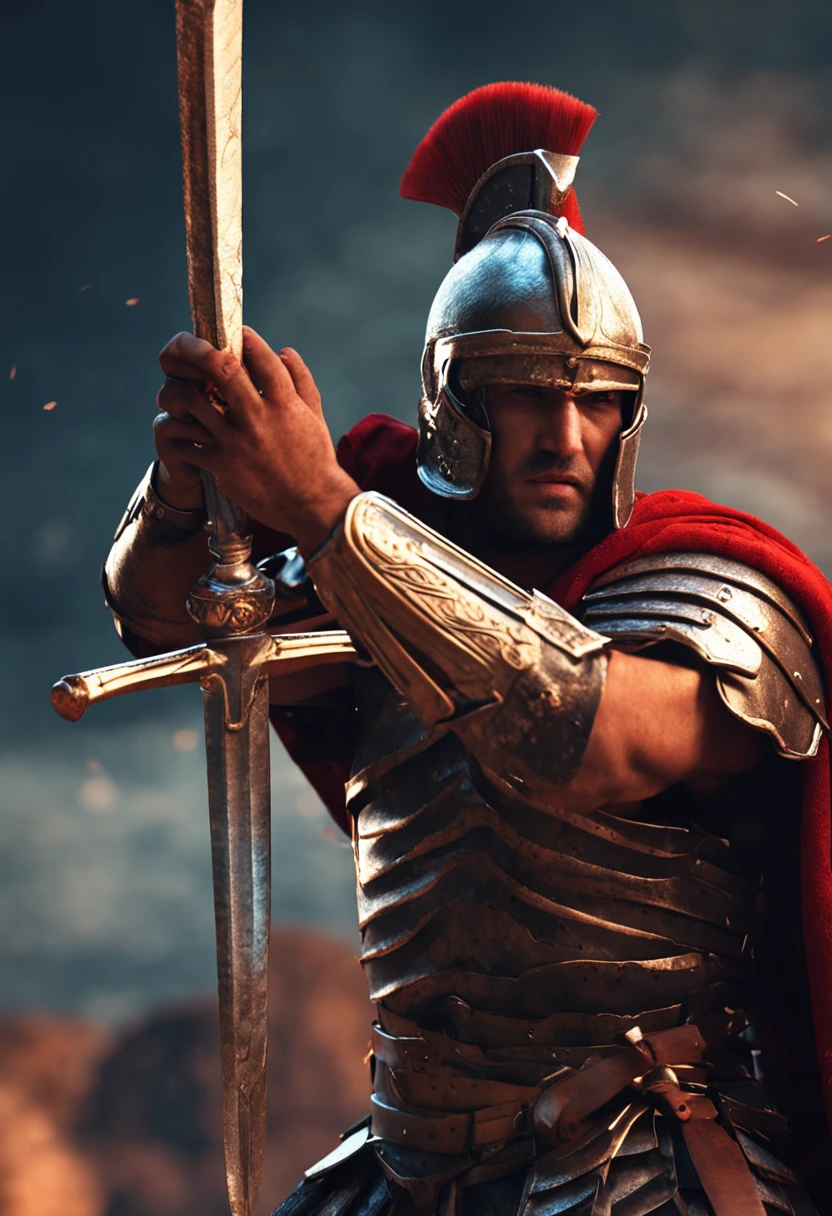 roman warrior, fighting stance, epic, sword in hand