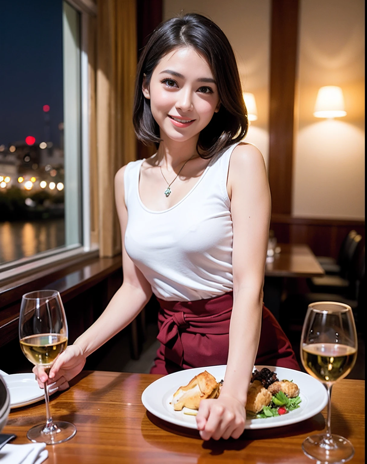 (64K, UHD, top quality, masterpiece: 1.2), (realistic, photorealistic: 1.37), super detailed, pretty woman 1 person, (slim face), (slim body), (brown hair), (short cut), cheeks slightly blushing, (44 years old), 38 years old, solo, beautiful detailed urban night view outside the window, restaurant, wine glasses sit, at night, in a prominent placeNovaFrogStyle, Actress, Model, Waist Up, White Wine, Slim, Wine Glass, Super Clean Night View, Wine Glass Put in the Middle, Happy Smile, (Smile: 1.15), Beautiful Fine Eyes, Upper Body, Bust Japan Up, Night, Short, Short, Actress, Model, Waist Up, White Wine, Slim, Wine Glass, Super Clean Night View, Wine Glass Put in the Middle, Happy Smile,