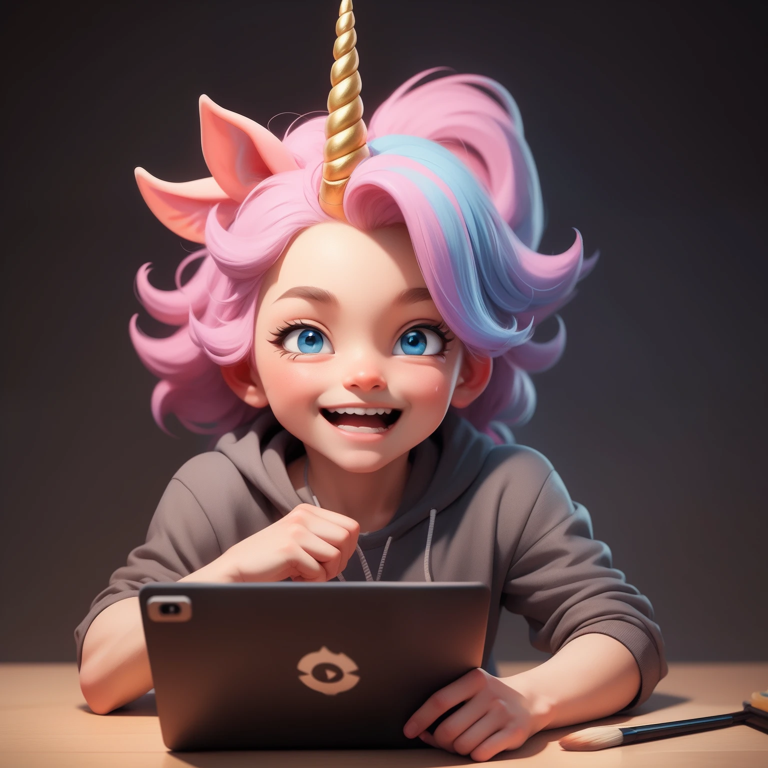 a happy unicorn boy is using computer, painting brush, masterpiece, 3dmm style, stars