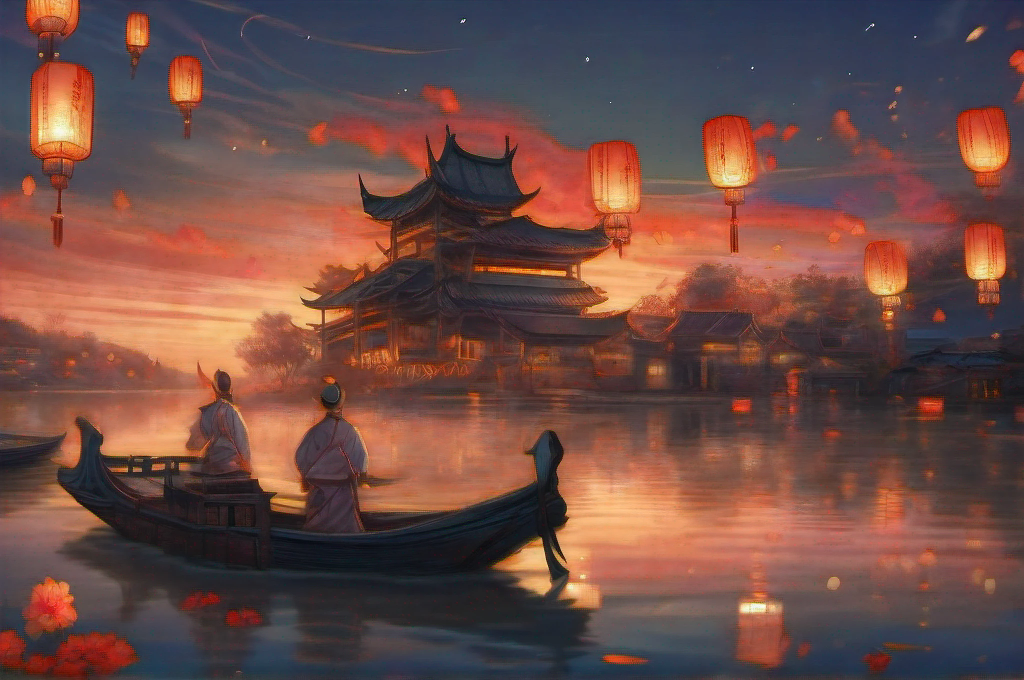 Middle Metaverse,the night,Put river lights,Night view of floating lanterns on the river,Kongming Lantern,Sacrifice to ancestors,Nostalgia for the past and the present,depth of fields,Chinese town,mystical ambiance,(Thick painting style),digitial painting, Beautiful digital artwork,Storytelling images ,Epic concept art,high high quality,A high resolution,Highest high resolution,Complicated details,HighestQuali,