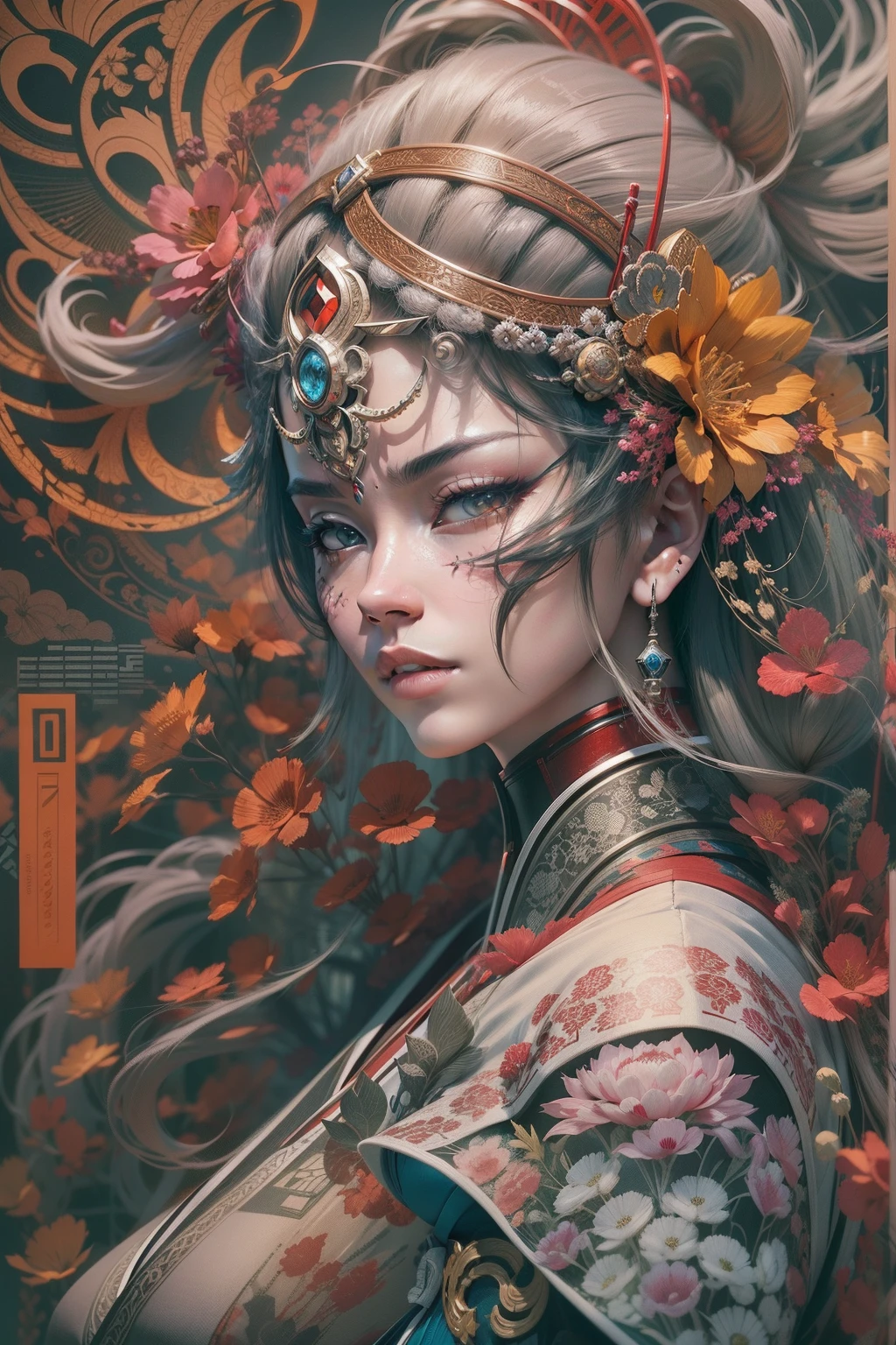 Beautiful samurai, Wire cybernetics implants, Adrian Gainey Esso Andrews' style Jenny Savile, The surrealist dark art of James Jean Gaoto Yamamoto and Bri Sienkiewicz, trending on artstationh, Sharp focus, studio photo, Intricate details, Highly detailed, by Greg Rutkowski, intricate face details, TM Ninja, TM Samurai, Poster style, pictogram, Vibrant, colorful, vectorstyle, Digital art, 4K, Intricate details, big breasts enchanting, Professional manufacturing, Beautiful vector illustration, 12k resolution, 。.3D, All characters in detailed full body, Highly detailed, vibrant, Ultra high quality, hyper photorealism, Photorealism, rendering by octane]