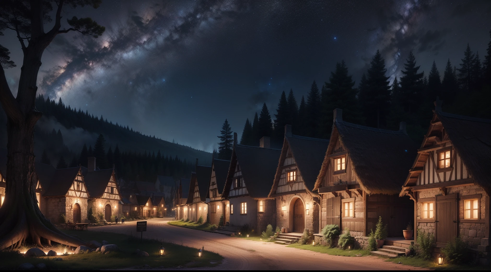 big medieval village in forest, summer, starry sky, big trees, medieval fantasy, 4k highly detailed digital art