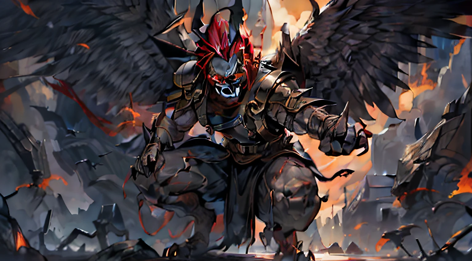 (extremely detailed 8k wallpaper) masculine man, fallen angel, black wings, torn wings, red eyes, deadly stare, sharp fangs, bloody hands, unique pose, screaming, black gold armor, full of rage, chaos, red hair, dark eyebags, skinny but muscular, has a gloomy aura, his figure transmits rage and revenge, dramatic, flat background color, riot games style, high detail, sharp focus