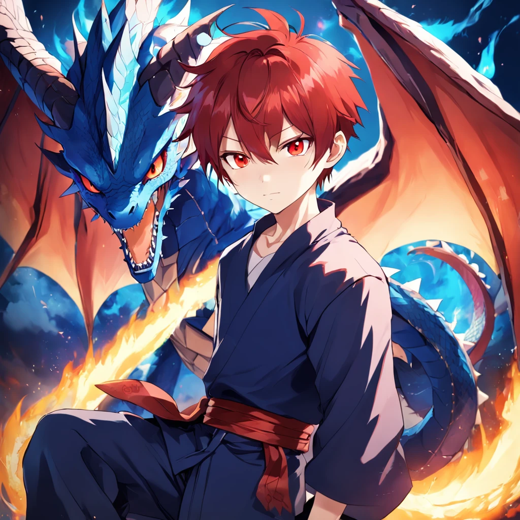 cute, kawaii, red eyes, red hair, boy, 1boy, one boy, teenager, teen, boy dragon, dragon wings, dragon horns, blue fire, blue flame