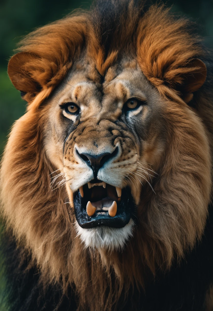 RAW photo, a close up portrait of a roaring lion, majestic, back ground is the african jungle, the lion looks dominant and assertive, 8k uhd, dslr, soft lighting, high quality, film grain