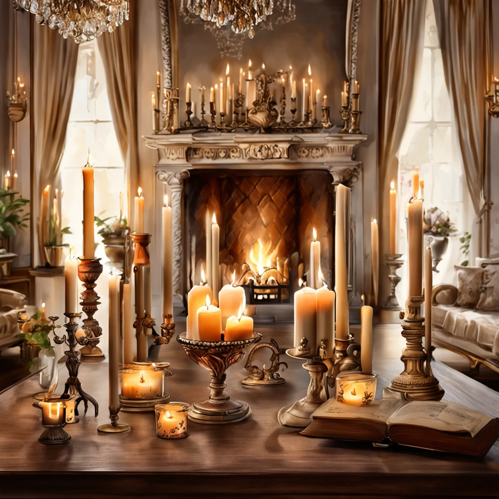 candles are lit in front of a fireplace with a mantle, candles. baroque elements, room full of candles, cozy candlelight, in a room full of candles, baroque style, candles, candlelit, lit with candles, elegant baroque, fireplace lighting, candlelight, baroque detailed, lots of candles, fireplace, candle lights, candles!, cosy fireplace, dramatic candlelight, candle light