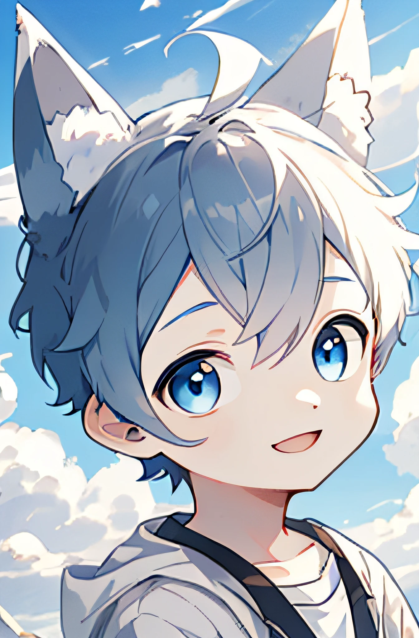 1boys，Solo, sportrait，whaite hair, short detailed hair, eBlue eyes,Wolf ears，Blue ears， Hair between both eyes, Blue sky，The cloudy，ssmile，white backgrounid，clean backdrop