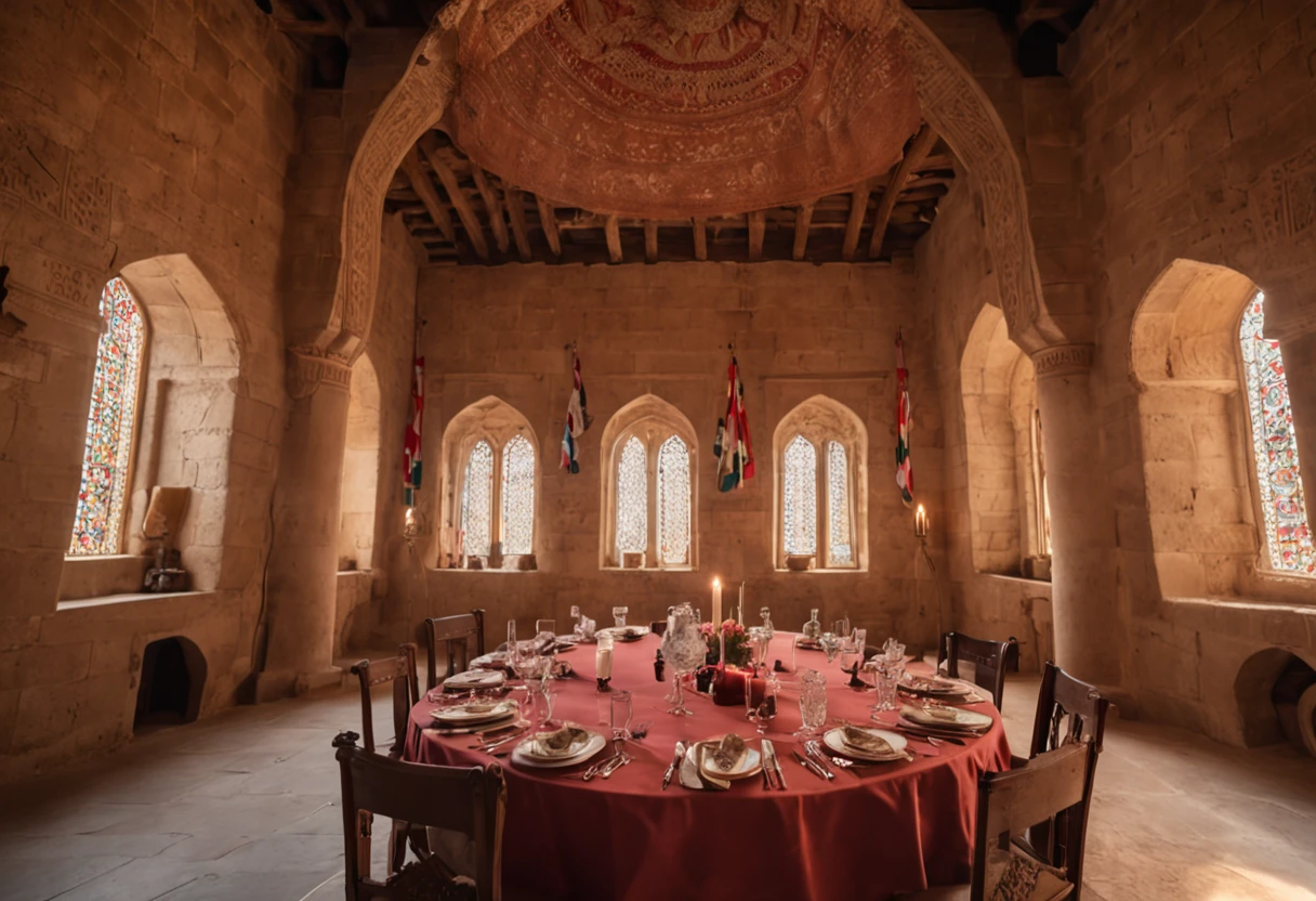 9th-century Arabian People dining and shockingly looking up surprised, inside a giant high-ceiling 9th-century Arabian castle dining room with flags curtains on all sides that have a lion printed on each one of them. a great beautiful lion jumping out of a flag curtain that has a lion printed on it. cinematic light, action scene