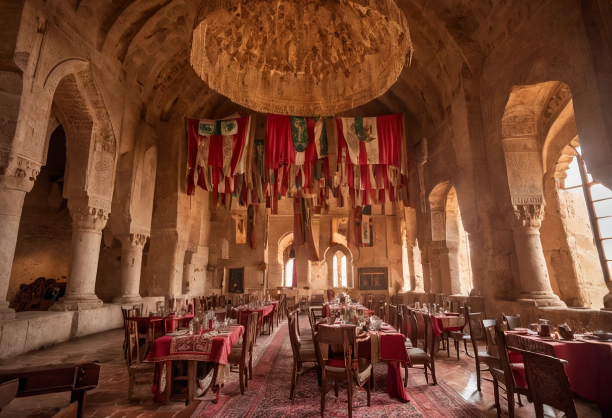 9th-century Arabian People dining and shockingly looking up surprised, inside a giant high-ceiling 9th-century Arabian castle dining room with flags curtains on all sides that have a lion printed on each one of them. a great beautiful lion jumping out of a flag curtain that has a lion printed on it. cinematic light, action scene