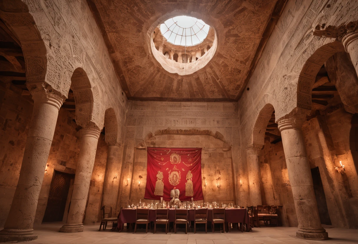 9th-century Arabian People dining and shockingly looking up surprised, inside a giant high-ceiling 9th-century Arabian castle dining room with flags curtains on all sides that have a lion printed on each one of them. a great beautiful lion jumping out of a flag curtain that has a lion printed on it. cinematic light, action scene