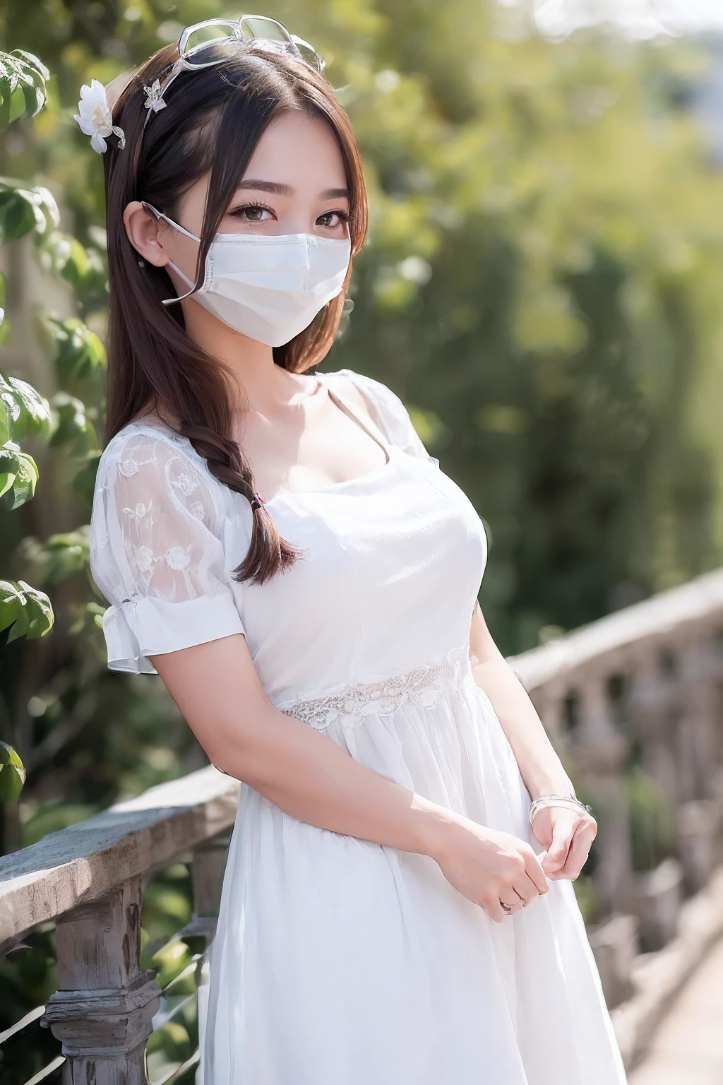 ((top-quality、8K、masterpiece:1.3))、girl with、(masks:1.3)、Hairstyle Casual、White dress:1.1、Super fine face、(big eye:1.2)、Clear eyes、二重まぶた、(a smile:1.1)、twinsies