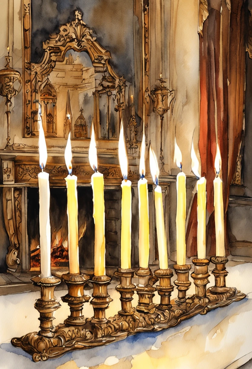 candles are lit in front of a fireplace with a mantle, candles. baroque elements, room full of candles, cozy candlelight, in a room full of candles, baroque style, candles, candlelit, lit with candles, elegant baroque, fireplace lighting, candlelight, baroque detailed, lots of candles, fireplace, candle lights, candles!, cosy fireplace, dramatic candlelight, candle light