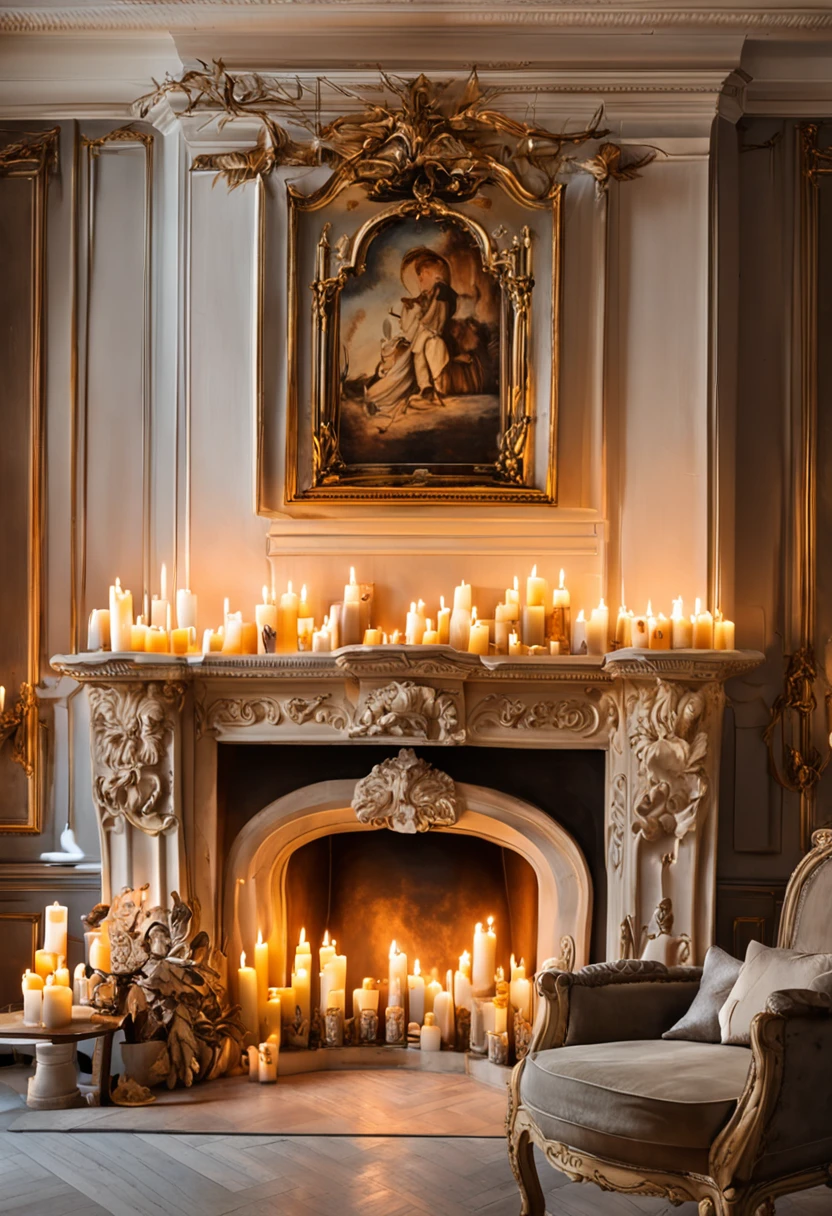 candles are lit in front of a fireplace with a mantle, candles. baroque elements, room full of candles, cozy candlelight, in a room full of candles, baroque style, candles, candlelit, lit with candles, elegant baroque, fireplace lighting, candlelight, baroque detailed, lots of candles, fireplace, candle lights, candles!, cosy fireplace, dramatic candlelight, candle light