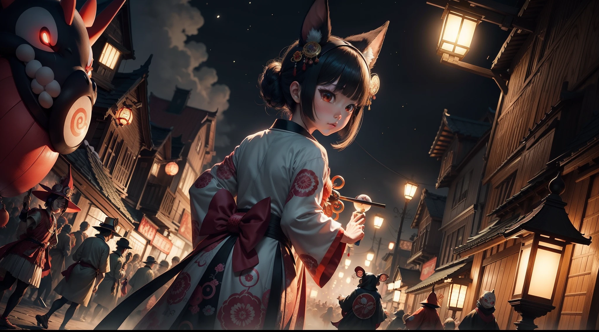 A hundred yokai parade at night, masterpiece, super detail, best quality