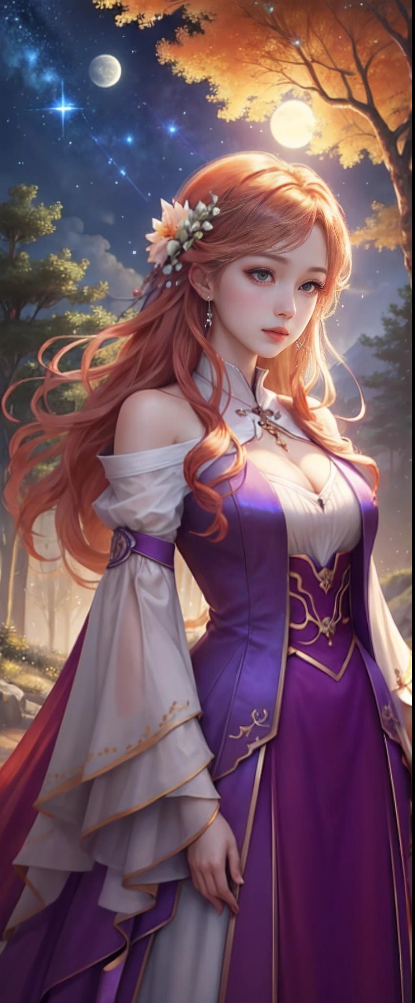 Vast landscape photos、Realistic、Magic City、(View from below with a view of the sky and the wilderness below)、Geometric buildings、magia、Girl standing in a flower field and looking up、(fullmoon:1.2)、(shooting stars:0.9)、(nebulas:1.3)、Floating cities、Tree Break Production Art、(Warm color light source:1.2)、(fireflys:1.2)、abajour、Purple and orange、intricate detailes、Volume Lighting BREAK (masterpiece:1.2)、(top-quality)、4K、ultra-detailliert、(The composition of the movement:1.4)、Highly detailed and colorful details(Irridescent color:1.2)、(Glowing lighting、Atmospheric illumination)、dream-like、Magical、(独奏:1.2)