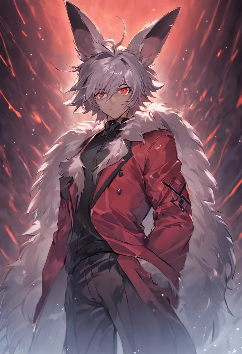 4K, high resolution, Best quality, Masterpiece, perfect colors, perfectly shaded, Perfect lighting, posted on e621, (by Chunie), Furry, anthro, Furry art, Male rabbits, Rabbit ears,Two-tone leather,Silvery hair,hairy bodies, Red eyes, Perfect male bodyPerfect male figure, Wear men's shorts,Abs,musculature,Detailed fur, Detailed face, Perfect face, (The stands up), Detailed background, ((Bonifasko lighting)), coda, (Detailed eyes), perfect pupils