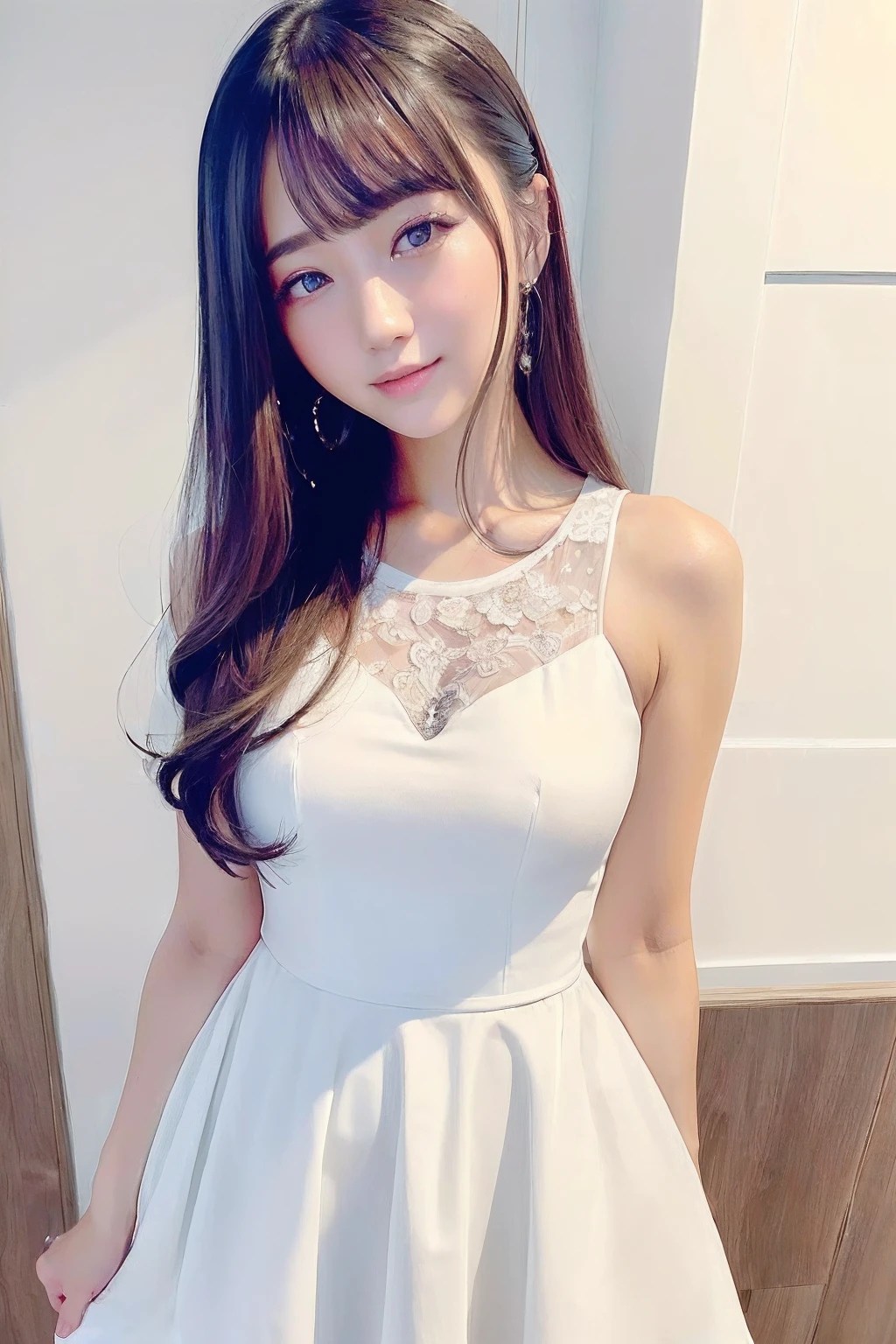 ((top-quality、8K、masterpiece:1.3))、girl with、Hairstyle Casual、White dress:1.1、Super fine face、(big eye:1.2)、Clear eyes、二重まぶた、(a smile:1.1)