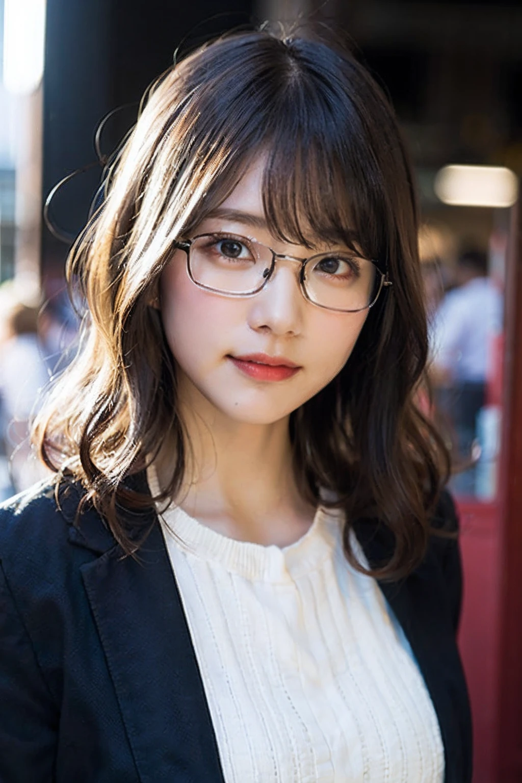 (8K、Raw photography、top-quality、masterpiece:1.2)、(realisitic、Photorealsitic:1.37)、ultra-detailliert、超A high resolution、女の子1人、see the beholder、beautifull detailed face、A smile、Constriction、(Slim waist) :1.3)、Bright autumn clothes、Beautiful detailed skin、Skin Texture、Floating hair、((Curly hair, Quirky hair, Ahoge))、Professional Lighting、In front of the station in the morning、((Black square glasses ))、Whole human body、Brown hair