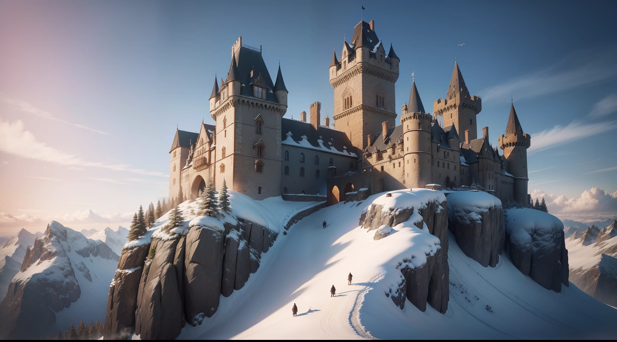 medieval castle in the top of a mountain, winter, sun, sunny day, medieval fantasy, 4k highly detailed image