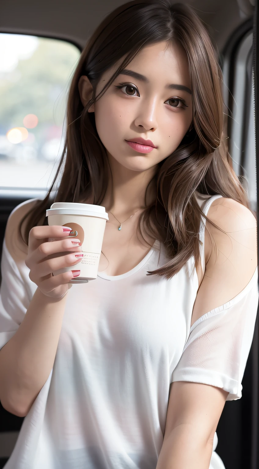 A girl with coffee，mix4，（8k，RAW photos，best qualtiy，tmasterpiece：1.2），（realisticlying，photograph realistic：1.37），1girll，adolable，Cars on buses，in the afternoon，Sateen，dampness，profesional lighting，photon maping，Radio City，physically-based renderingt，gradient brunette hair，short and wavy hair，handsome，teens girl，White ball set，superb picture quality，A high resolution，1080p，（Clear face），（detailed face description），（Detailed hand description），（tmasterpiece），（exquisite CG）， Extreme light and shadow，messy  hair，tmasterpiece，rich details​，（exquisite facial features），（Highest image quality），（tmasterpiece），（Detailed eyes），Looking forward to your eyes，Delicate collarbones