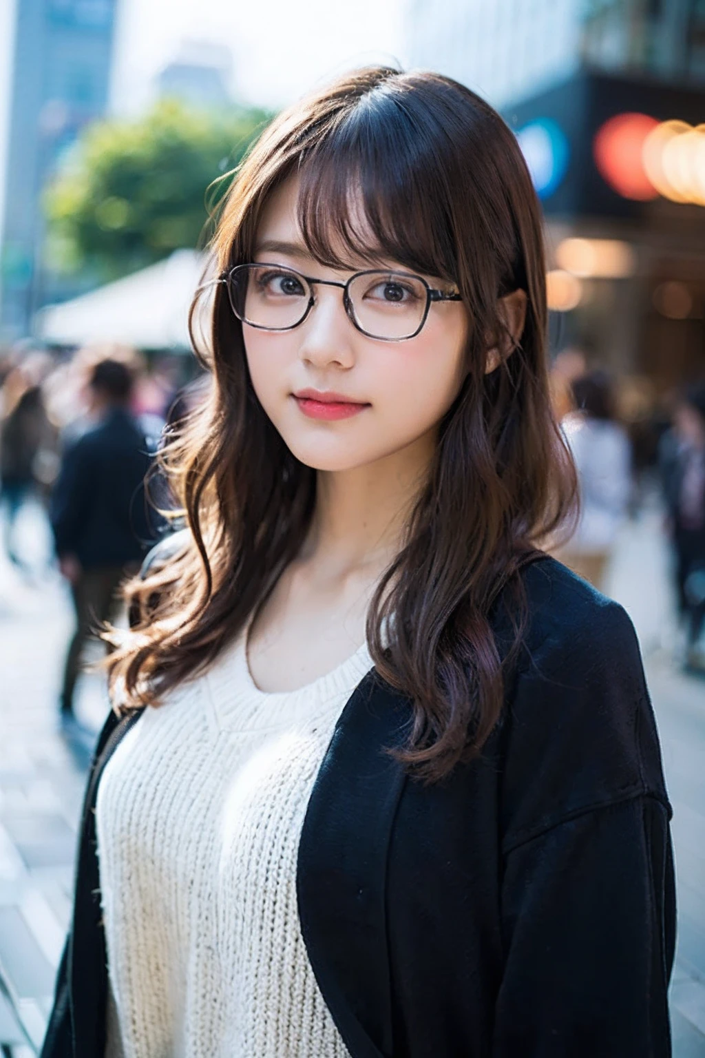 (8K、Raw photography、top-quality、​masterpiece:1.2)、(realisitic、Photorealsitic:1.37)、ultra-detailliert、超A high resolution、女の子1人、see the beholder、beautifull detailed face、A smile、Constriction、(Slim waist) :1.3)、Bright autumn clothes、Beautiful detailed skin、Skin Texture、Floating hair、((Curly hair, Quirky hair, Ahoge))、Professional Lighting、In front of the station in the morning、((Black square glasses ))、Whole human body、Brown hair