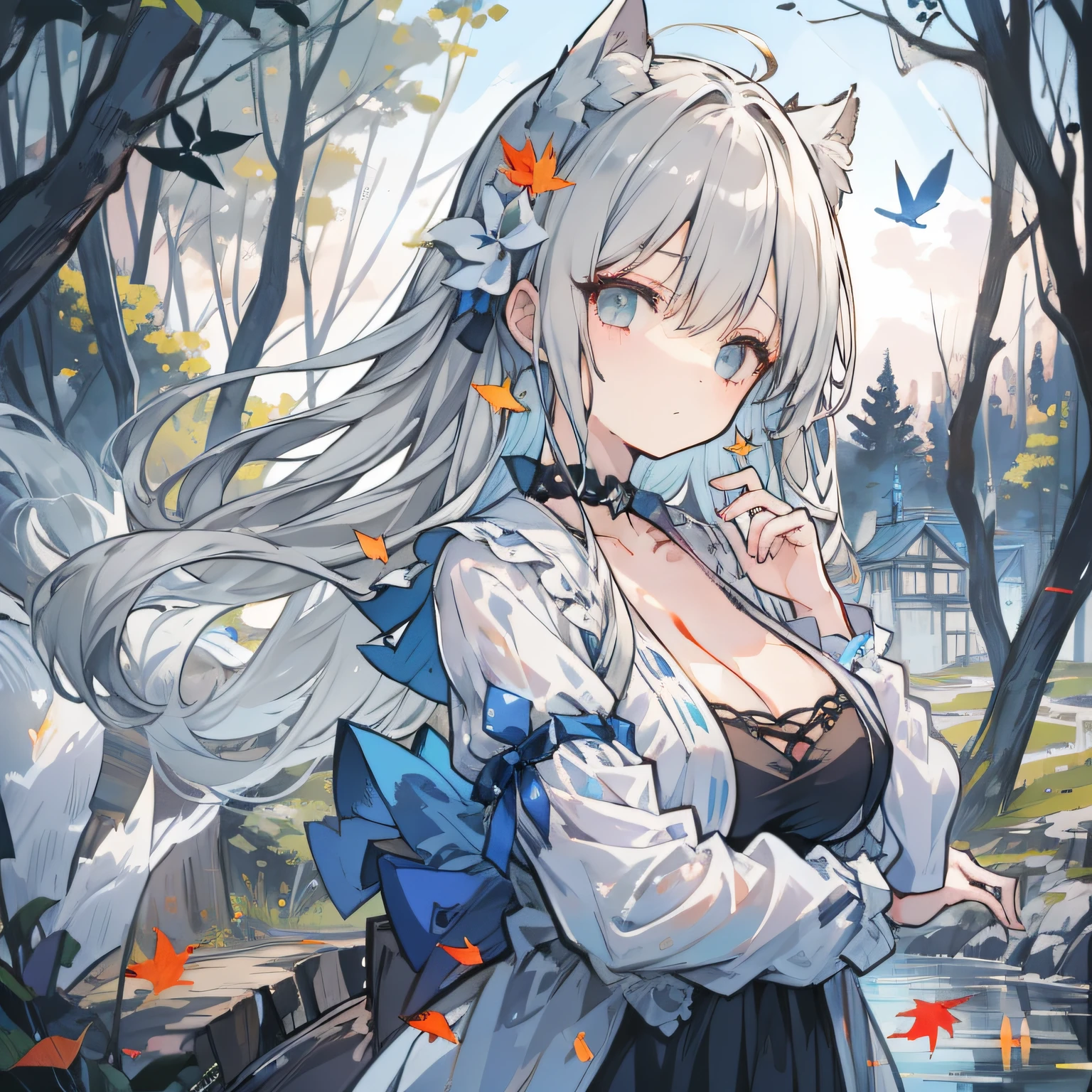 （tmasterpiece）， （best qualtiy）， （（1 rapariga））， astounding， beatiful detailed eyes， finely detailled， depth of fields， （best qualtiy）， （ultra-detailliert）， （Most Best Illustration）， （best illuminate， Best shadow）， （Very fine and beautiful））， Very detailed wallpaper， Dream background， From the front side，Look away， scenecy， Young girls， （Lori huge breasts cleavage）， （full bodyesbian）， Long gray hair， （（Gray eye））， beatiful detailed eyes， （（（Cobalt nightdress））， hair adornments， choker necklace， Light makeup， outside， wind blown， afloat， Magic Circles，UHR，mirrors，mid-air，starrysky，falling leaf，Cabin in the woods，River side，Flying