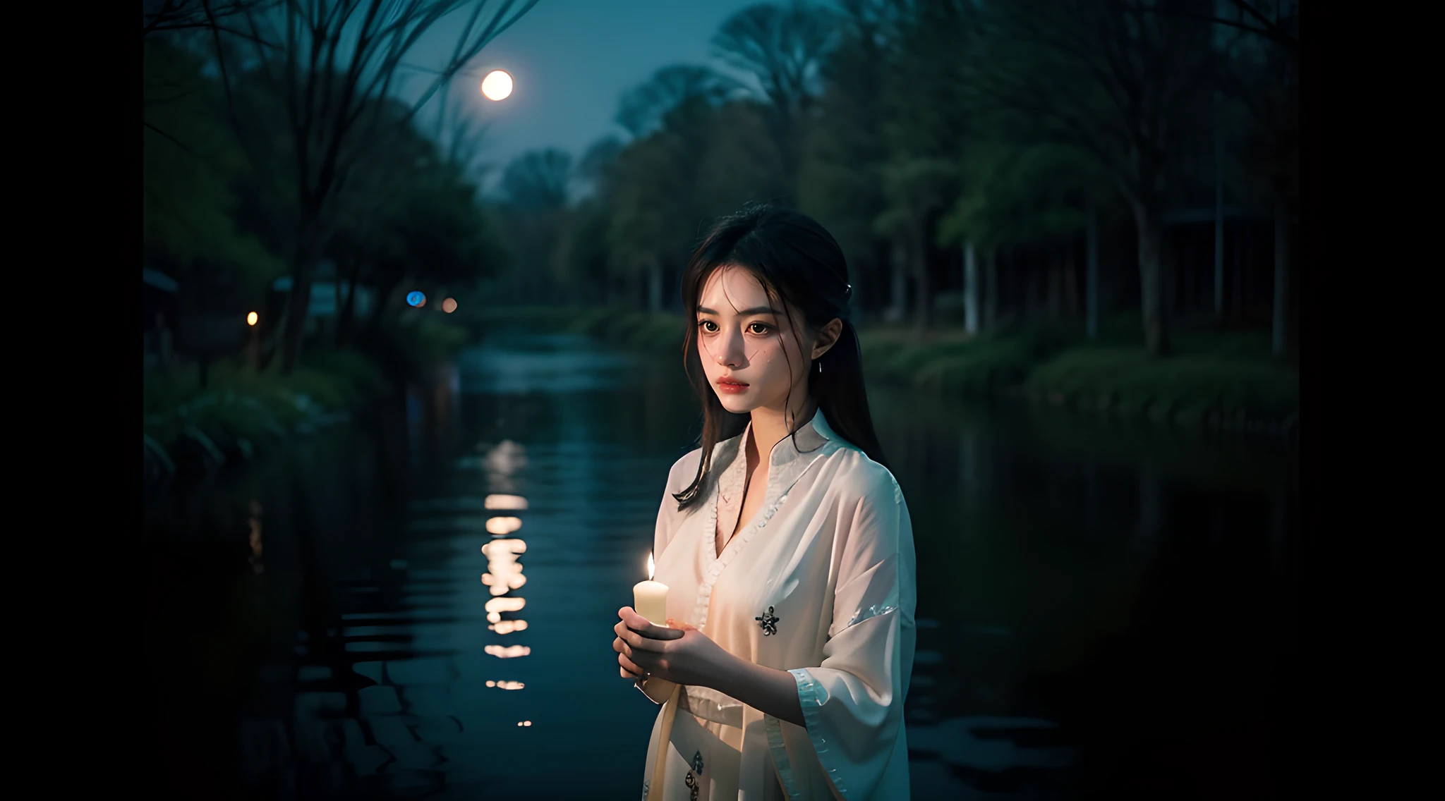 best quality, high details, award winning, super detail,Amidst the dimly lit ambiance of the Chinese Ghost Festival, a young Chinese woman dons delicate traditional attire as she stands in the midst of a river. Moonlight cascades upon her, reflecting in her profound eyes, seemingly harboring endless tales. Holding a candle in her hand, she sways it gently, casting eerie shadows. Her gaze fixates on the void, as if silently communicating with ancestors of old. Amid the silence, faint echoes of ancient music resonate, evoking a sense of reverence. Virtual candlelight dances, casting eerie illuminations, adding a ceremonial touch to this mysterious moment. Skin texture，The lower body is blurred