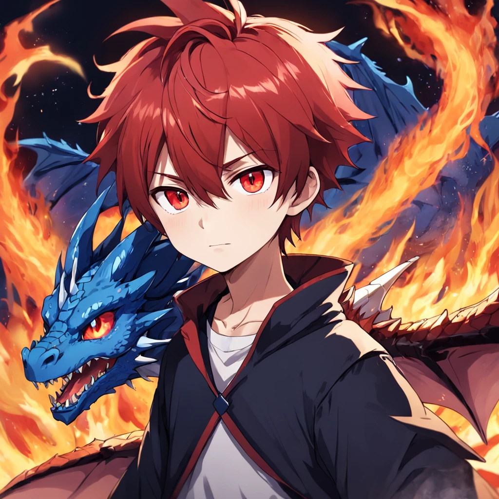 cute, kawaii, red eyes, red hair, boy, 1boy, one boy, ???, teen, boy dragon, dragon wings, dragon horns, blue fire, blue flame