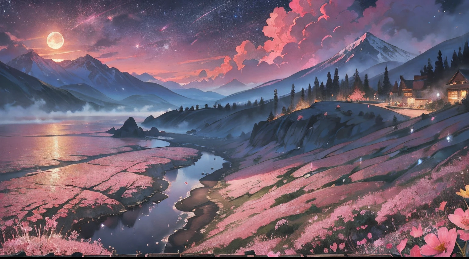 No Man,Distance,The mountains are shrouded in mist,high saturated,style of anime,high detal,anime big breast,blurryforeground,vanishing point,kanon,ultra-wide-angle,UHD,8k,A high resolution,high qulity,tmasterpiece ,Pink moon,Pink starry sky,Soft pink clouds,pink ocean waves sparkling,Sparkling,Pink flowers on a pink ocean --auto --s2