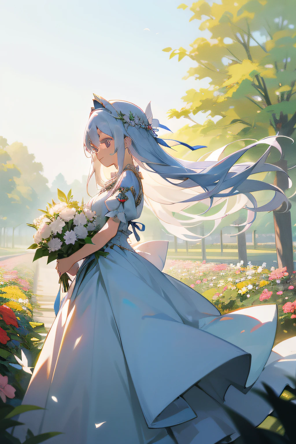 Girl with long white hair standing in beautiful flower garden、A slight smile、She has a large bouquet、Cute national costume style dress，There are ruffles on the shoulders、Hair fluttering in the wind