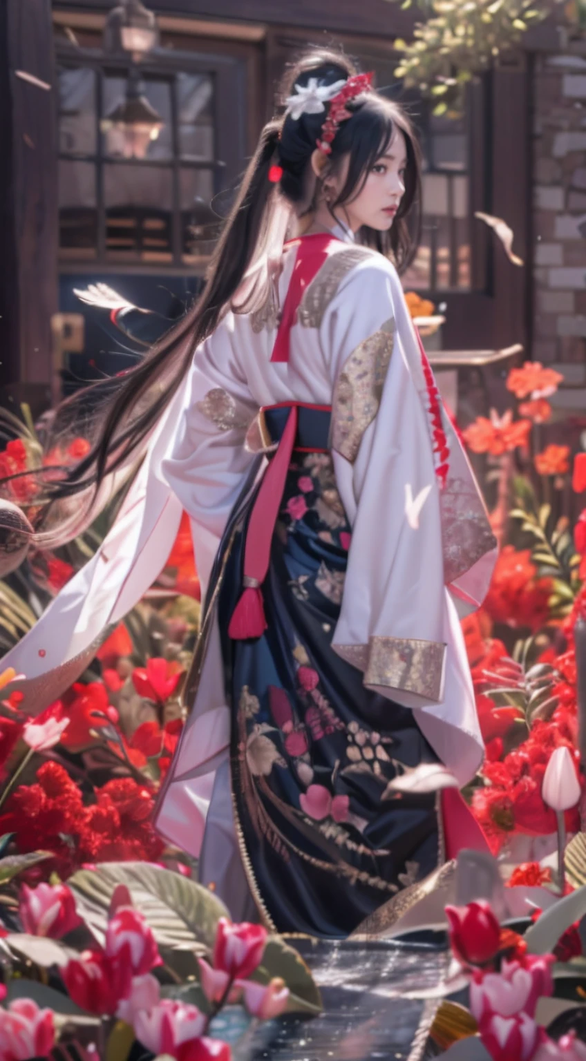 32K(tmasterpiece,k hd,hyper HD,32K)Long flowing black hair,ponds,zydink, a color, Asian people (Silly girl), (Silk scarf), Combat posture, looking at the ground, long whitr hair, Floating hair, Carp pattern headdress, Chinese long-sleeved clothing, (abstract ink splash:1.2), Pink petal background,Tulips flying(realisticlying:1.4),Black color hair,Fallen leaves flutter,The background is pure, A high resolution, the detail, RAW photogr, Sharp Re, Nikon D850 Film Stock Photo by Jefferies Lee 4 Kodak Portra 400 Camera F1.6 shots, Rich colors, ultra-realistic vivid textures, Dramatic lighting, Unreal Engine Art Station Trend, cinestir 800,Long flowing black hair