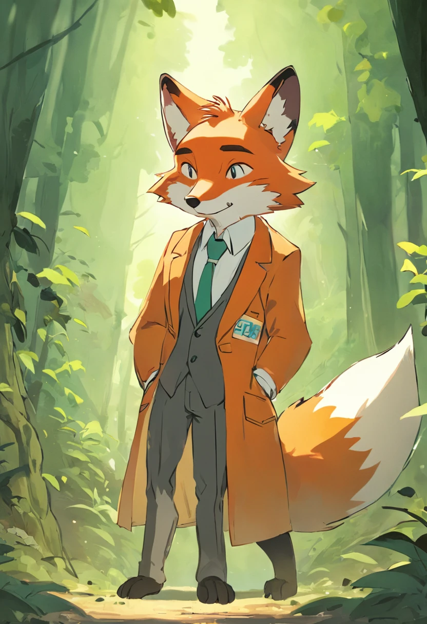 A cartoon fox and a cartoon tiger in the forest, anthropomorphic fox, fox in a lab coat, Anthropomorphic fox, stern looking fox in a lab coat, foxish guy in a lab coat, Nick Wilde, Zootopia, Fox's den, Fox scientist,, Nick Wilde, Fox section, Rabbit Peter's Rapo, beatrix potter，author：Nick Fudge,Children's book illustration